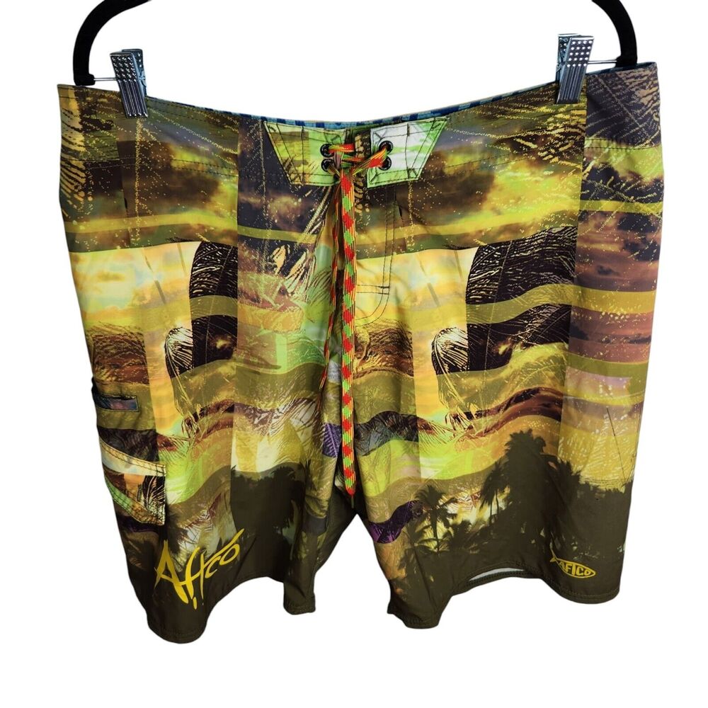AFTCO Mens Size 36 Surf Swim Fishing Board Shorts Drawstring Tropical Print 8"‎